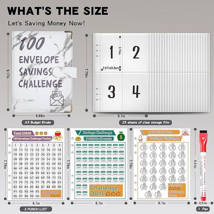 ATkits 100 Envelopes Challenge Binder Savings Challenges Book, A5 Money Saving Planner Cash Envelope Budget Binder with Erasable Pen, Easy and Fun Way to Save $5,050, 10,000 and $500 (Marble White)