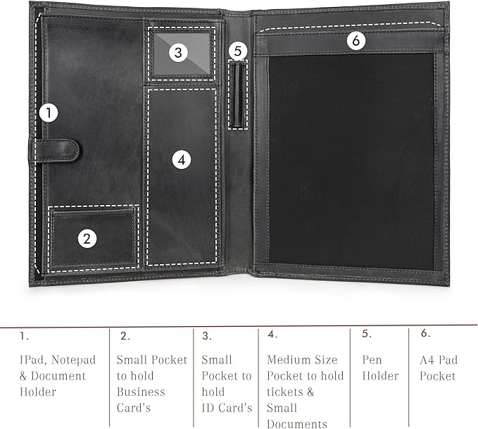 Leather Portfolio Professional Organizer Padfolio – Resume Folder, Document Binder w/Business Card Holder, Portfolios for Men & Women, Office & Business Supplies by Luxeoria | (Medium - Black)
