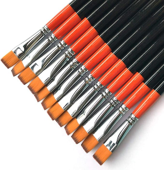 1/2 Inch Flat Bright Paint Brush, Pack of 12, Premium Quality Synthetic Sable Hair for Acrylic Watercolor Oil Gouache Painting by Students, Professionals and Artists