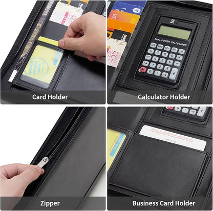 Portfolio Binder - 3 Ring Padfolio with Zipper, PU Business Portfolio Card Holder Tablet Sleeve A4 Writing Pad Clipboard, Meeting Document Organizer for Men Women 2 Pcs (No Calculator)