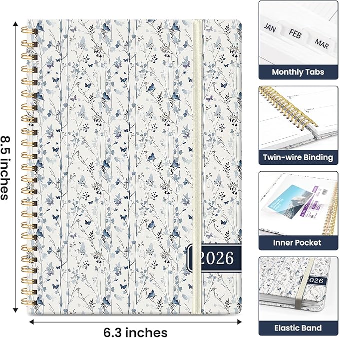 2026 Planner, Aesthetic Weekly and Monthly Planner for Women, Jan 2026 to Dec 2026, Hardcover 2026 Calendar Book with Monthly Tabs, Inner Pocket, Perfect for Office Home School - A5 (6.3" x 8.5"), Butterfly Grove