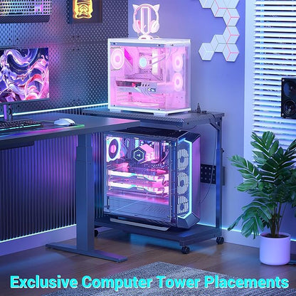 Computer Tower Stand with Power Strips, Height Adjustable PC Tower Stand/Cart with Wheels, Mobile Rolling CPU Holder, Computer Cart Side Stand for Computer Desk, 32", Carbon Fiber Black