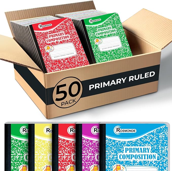 Composition Notebooks Primary Ruled 50 Pack, 200 Pages (100 Sheets), Color Marble Composition Notebook, Sewn Binding Hard Cover, Primary Composition Notebook for Kids, Writing Dotted Lined