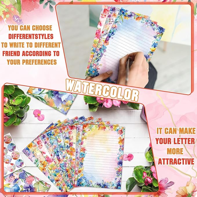 TaoBary 160 Packs Stationery Paper Set (50 Double Sided Stationery Writing Papers 50 Matching Envelopes) 60 Round Dot Sticker, 10 Design(Watercolor Flowers,5.5 x 8.25 Inch)