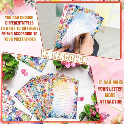 TaoBary 160 Packs Stationery Paper Set (50 Double Sided Stationery Writing Papers 50 Matching Envelopes) 60 Round Dot Sticker, 10 Design(Watercolor Flowers,5.5 x 8.25 Inch)