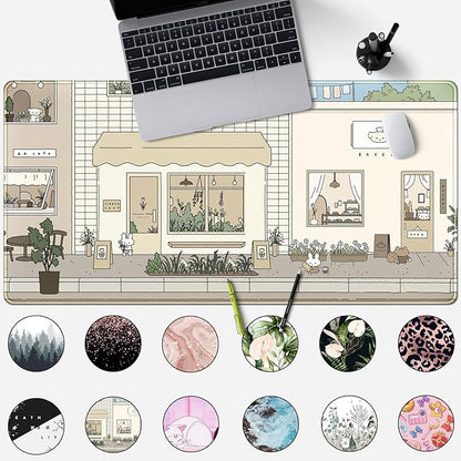 Cute Desk Mat Kawaii Mousepad Bunny and Bear Cute Anime Japanese Street Pastel Beige Brown and Green Mouse Pad, Extra Large Deskmat Cut Laptop Pad