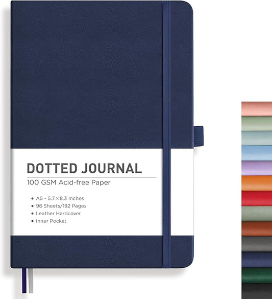 RETTACY Bullet Dotted Journal, A5 Dotted Notebook Journal with 192 Pages, 5.7'' × 8.3'', Medium Size, 100 GSM Thick Paper, Leather Hardcover, Bullet Journaling, Planning (Navy Blue)