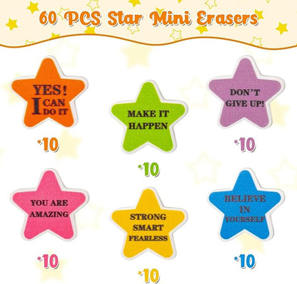 Star Mini Erasers Bulk - Colorful Motivational Star 3D Desk Pet Inspirational Mini Pencil Rubber Eraser Bulk Cute Star-Shaped Novelty Miniture Gift School Reward Party Favor Pack Game Prizes