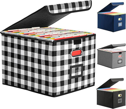 File Organizer Box with Lid for Hanging Folders, Collapsible Storage File Box with Plastic Slide, Portable Document Organizer for Office Home School Desktop Use, Black and White Lattice