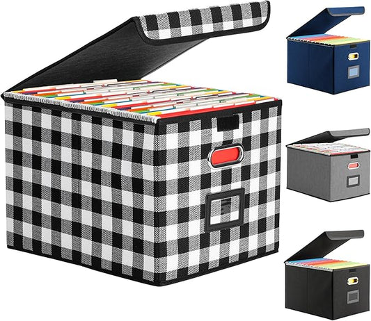 File Organizer Box with Lid for Hanging Folders, Collapsible Storage File Box with Plastic Slide, Portable Document Organizer for Office Home School Desktop Use, Black and White Lattice