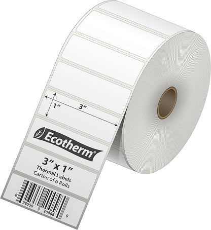 3" x 1" Thermal Labels | 6 Rolls | 15000 Labels | fits Zebra, Munbyn, Rollo, Godex, Arkscan, iDPRT, Offnova Thermal Label Printers and More | Blank White Adhesive Stickers by Ecotherm