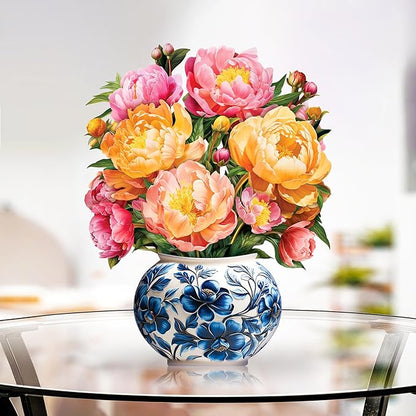 Paper Pop-Up Flower Card, Peony, Forever Flowers Bouquet 3D Popup Greeting Cards, Blank Note Envelope, Birthday Gift Cards, Mother's Day, Holiday Decorations