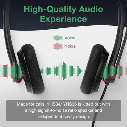 Yealink Phone Headsets for Office Phones YHS34 Lite QD to RJ9 Wired Headset for Yealink Compatible with Poly Snom Grandstream Phones Desk Landline Headset with Microphone -Dual/111g/2.1m Cable