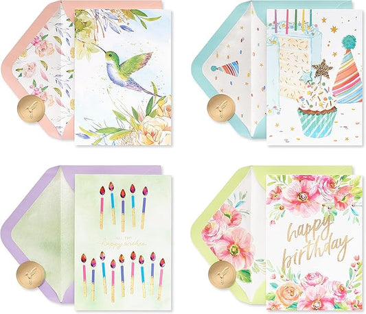 Papyrus Deluxe Boxed Birthday Card Assortment, Floral and Candles (4-Count)