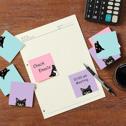 9 Pads Black Cat Sticky Notes Set, Pink Self-Stick Note Pads, Cute Memo Pads Super Adhesive Note Card for Cat Lover Gift, Teacher Office and School Supplies, 3x3in