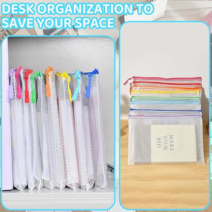 24pcs Mesh Zipper Pouch Bags, A5 9.4 x 6.9 Inches Reusable Zipper Bags Puzzle Storage Organizer 8 Colors Multipurpose for Travel Board Games Office Supplies and Home Organization