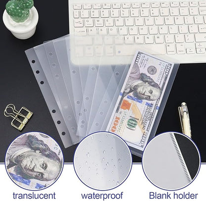 A6 Binder Pockets with No Zipper, Koqye Blue 10 Pcs Plastic Zipless Budget Envelopes, Two Pockets Frosted Cash Envelopes Money Bag for Budgeting, Cash Stuffing (Clear Frosted-2set)