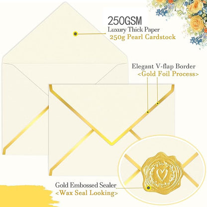 60 Pack Gold Envelopes 5x7 Bulk Beige, 250G Pearled Cardstock A7 Envelopes for Invitations Business Mailing Envelope with Gold Foil Border, A6 4x6 Envelopes for Wedding Baby Shower Cards