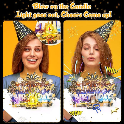 Birthday Card | Musical Pop Up Birthday Cards w Light | Blow Out LED Light Candle & Play Happy Birthday Music Pop Up Card | Greeting Cards Gifts for Him or Her | Black Gold (Blowable Candle)