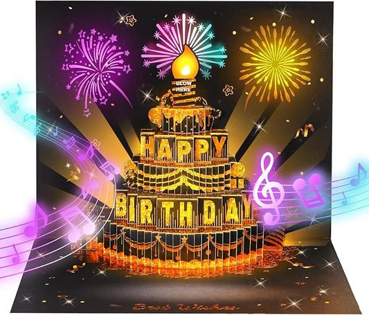 Musical Birthday Card, 3D Pop Up Card with Music and Light, Firework Greeting Card with Interactive Blowable Candle, Birthday Gift for Her Him Mom Grandma Wife Husband