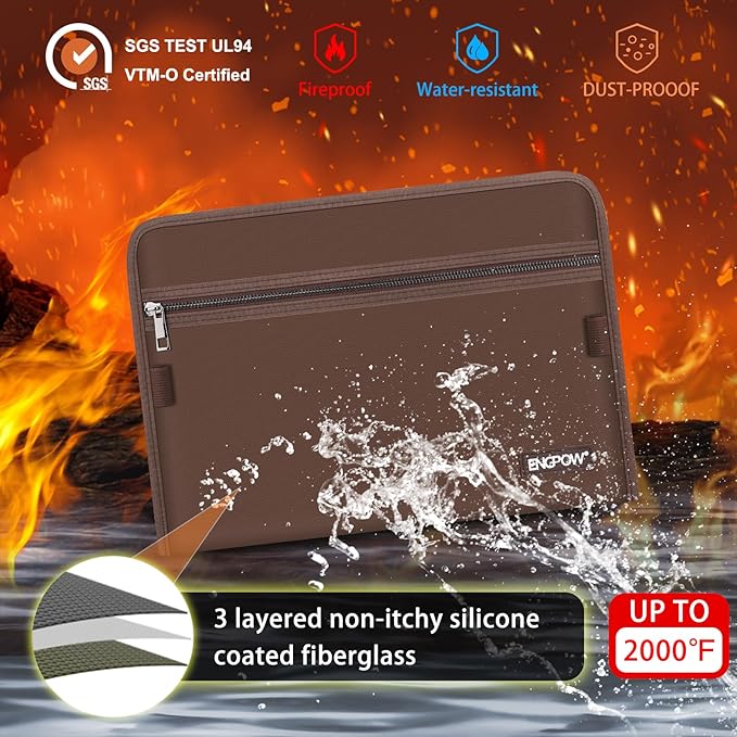 ENGPOW Accordion File Organizer,Fireproof 13 Pockets Expanding File Folder,Document Organizer Folder with Zipper＆Labels,Portable Home Travel Safe Storage for Letter A4 Files and More,Brown