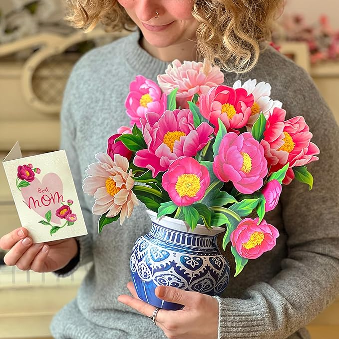 Freshcut Paper Pop Up Cards, Best Mom Peony Paradise, 12 Inch Life Sized Forever Flower Bouquet 3D Popup Greeting Card, Birthday Cards, Mother's Day Card, Blank Notecard