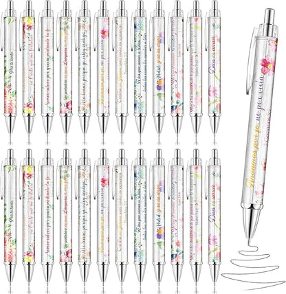 24 Pcs Spanish Christian Pens Regalos Cristianos En Español Bible Verse Ballpoint Pens with Inspirational Quote Spanish Christian Gifts for Religious Church Office School(Flower)