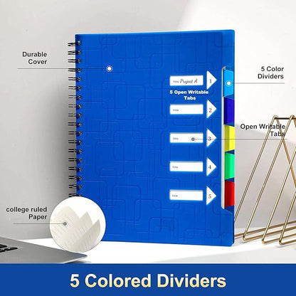 CAGIE 5 Subject Notebook With Tabs 8.5x11, College Ruled, 240 Pages Large Spiral Notebook with Dividers, A4 Notebooks for Work Organization Note Taking School, Black