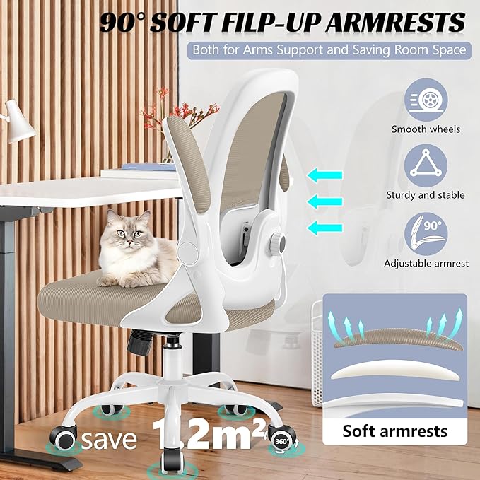 Office Chair Ergonomic Desk Chair with Adjustable 3D Lumbar Support and Height, Comfy Mesh Computer Chair with Flip-up Armrests, Swivel Rolling Task Chair with Wheels for Home Office (Khaki)