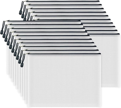 AUSTARK 20 Pcs Zipper File Bags, Plastic Mesh Pouch, Board Game Storage Bag, Waterproof Bags for Office School (A4 Size 13.4''x9.4'', White and Black)