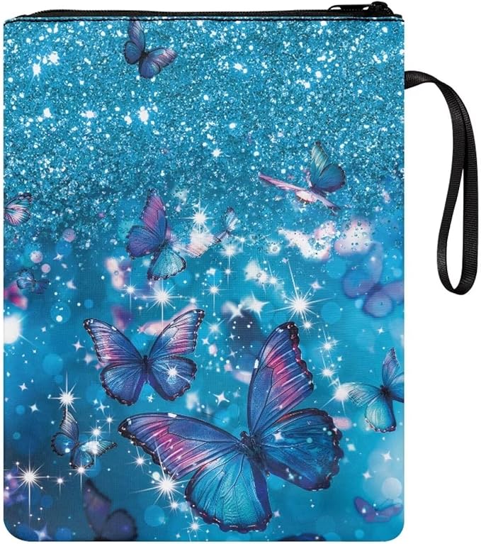 COEQINE Bling Butterfly Book Sleeve for Book Lovers Teens Girls Blue Covers Pouch for Paperbacks with Zipper Front Pocket Chain