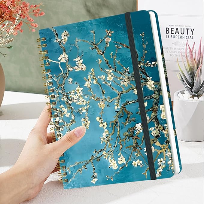 Spiral Notebook - A5 Spiral Notebooks, 8.3'' × 5.8'', 160 Pages, Aesthetic Journaling Notebooks for Women, College Lined Notebook with Elastic Closure, Back Pocket, for School Office, Plum blossom