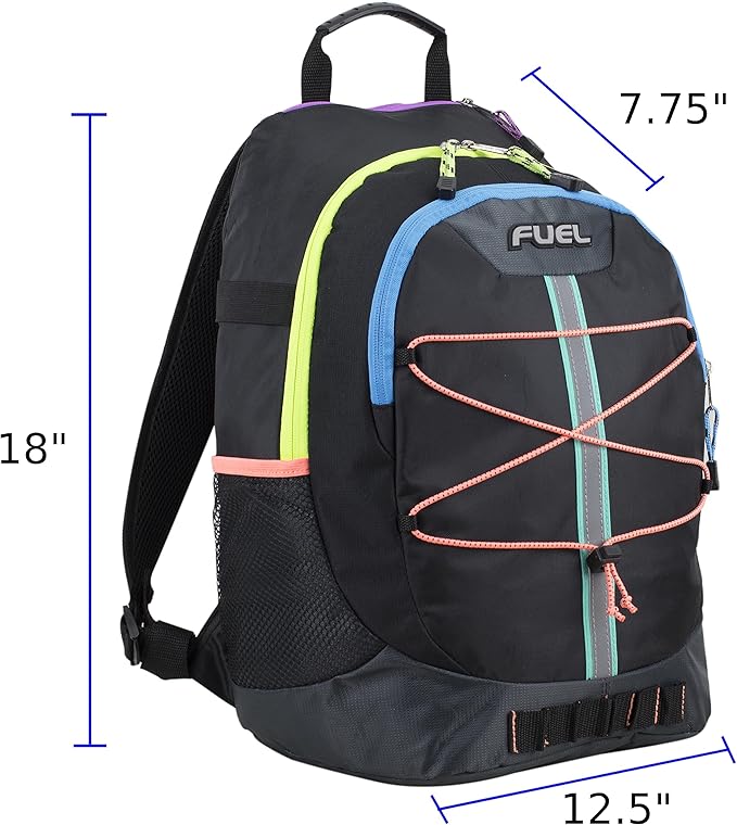 FUEL Hiking Backpack for Women Men Terra Sport, Travel, College, Gym, Work with Laptop Sleeve, Bungee, 18 Inches, Rainbow Black