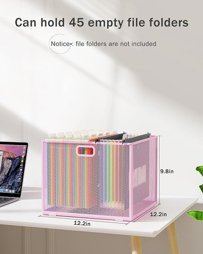 Oterri Hanging File Organizer, Metal File Organizer, Portable Desktop File Organizer for Letter Size Folder, Mesh Hanging File Crate for Office,Folders Not Included(Fairy Pink-Large,1 Pack)