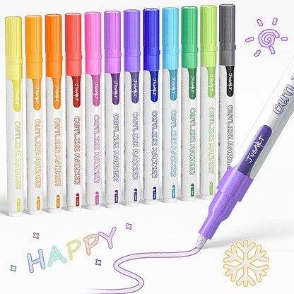 JusArt Outline Markers 12 Colors, Double Line Glitter Markers for Greeting Card Art Crafts, Girls Teens Stocking Stuffers Shimmer Markers, Metallic Sparkle Markers Painting Drawing Supplies