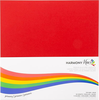 Cardstock 12 x 12 Paper Pack - 65lb Smooth Card Stock for Crafts, Cardmaking, Art Projects - 50 Square Scrapbook Sheets, 5 Assorted Colors - Double Sided with Solid Core, Primary