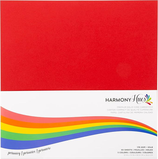 Cardstock 12 x 12 Paper Pack - 65lb Smooth Card Stock for Crafts, Cardmaking, Art Projects - 50 Square Scrapbook Sheets, 5 Assorted Colors - Double Sided with Solid Core, Primary