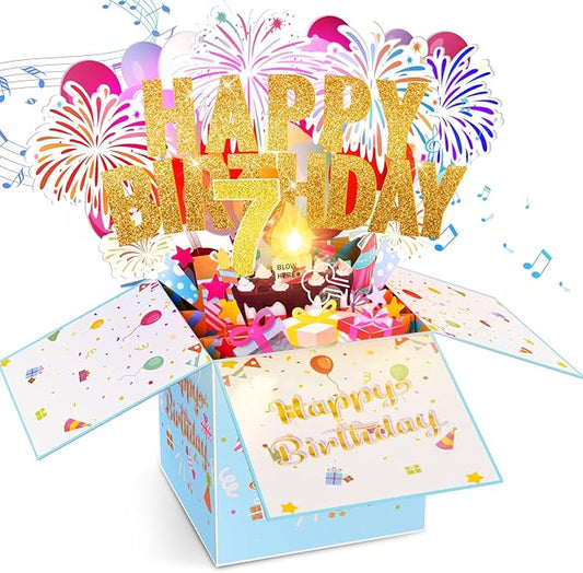 Tnvee 7TH Birthday Cards with Lights Music, 3D Pop Up Singing Happy Birthday Greeting Cards Gifts Ideal for 7 Year Old Kids Boy Girl