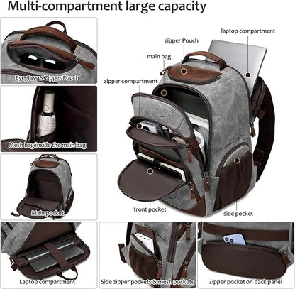 Travel Laptop Backpack 17.3 inch XL Computer Backpack for Men Waxed Canvas College Daypack Business Backpack Gray