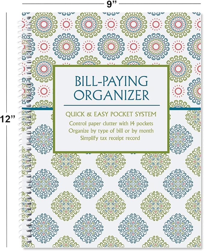 Fresh Patterns Bill Paying Organizer Book - Personal Account book, 9" by 12 inch, Spiral-Bound, 14 Pockets, 32 Label Stickers, Bill Tracking