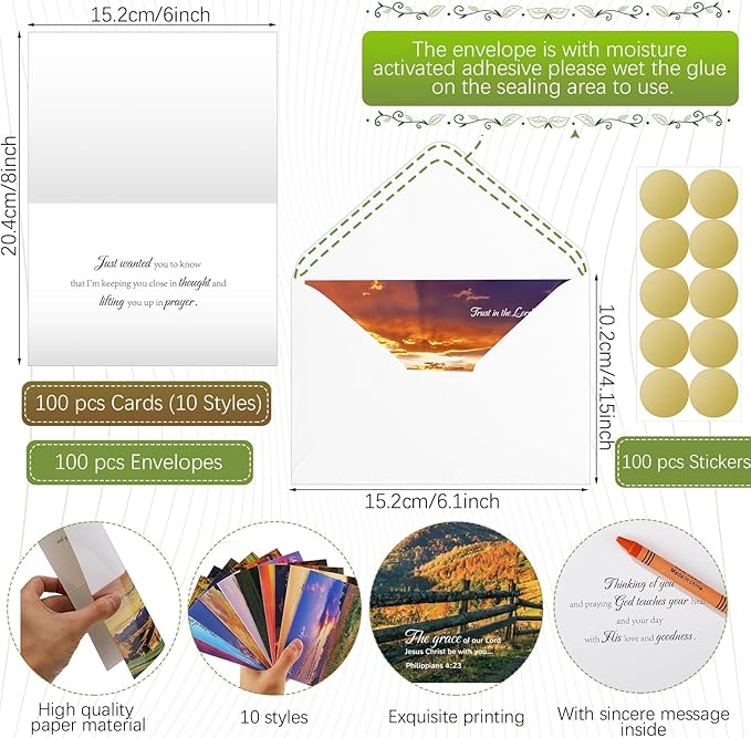 100 Pack Religious Thinking of You Cards Bulk Set with Envelopes Stickers 10 Floral Landscape Designs Assort Christian Thinking of You with Greeting Card Scripture Inspirational Blessing 4 x 6