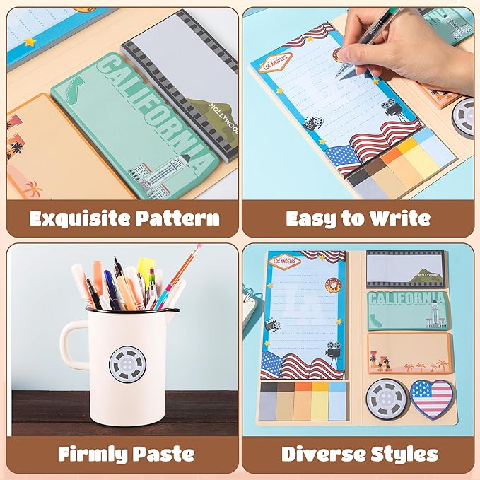 B1ykin Sticky Notes Set - Cartoon Theme Cute Self-Stick Notes Pad Teacher Appreciation Gifts， Self-Adhesive Writing Memo Pages Sticky to Do Notepad for Kids Employee School Office (Los Angeles City)