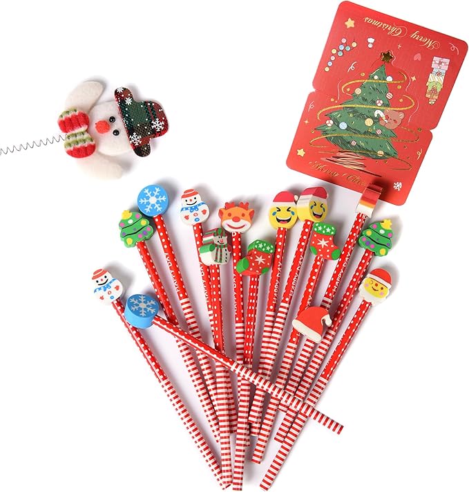 27PCS Pencils with Christmas Top Eraser for Kids,Pencils with Assorted Cartoon Color Stripe Erasers Topper for Kids School Supplies and Children Prize Gifts (27)
