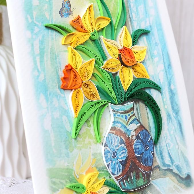 KingKraft Daffodils Flower Quilling Card, Handcrafted Greeting Card for All Occasions, Birthday Card for Mom, Thinking of You, Get Well, Anniversary, Valentines Day, Mothers Day Card, Blank Inside