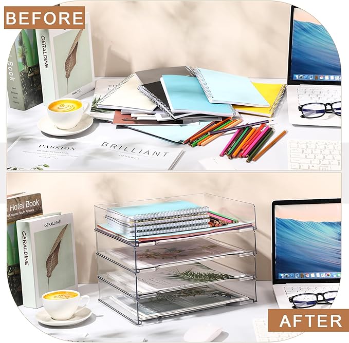 12 Pcs Stackable Letter Tray Rectangular Plastic Desk Organizer 13 x 9.5 x 2.6 in Paper Holder File Tray Accessories Rack for Desktop Office Desk Drawers (Clear)