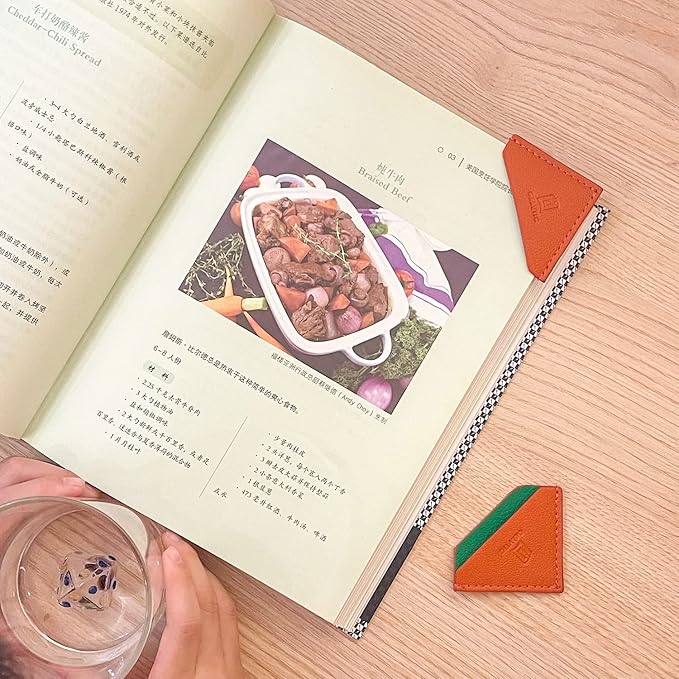 3 Pieces Leather Bookmarks Handmade Page Marker for Men Women and Kids, Faux Leather Page Clips Corner Book Markers for Teachers Gift for Writers Bookworm Book Lovers (06-Orange Green)