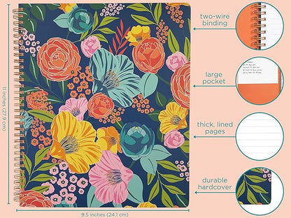 Steel Mill & Co Cute Large Spiral Notebook College Ruled, 11" x 9.5" with Durable Hardcover and 160 Lined Pages, Garden Blooms (Navy)