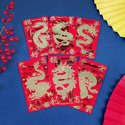 Red Envelopes Chinese New Year Dragon 2024, Lunar New Year of the Dragon Envelope Large Interoffice Envelopes Red Packet Hong Bao with 6 Different Gold Embossed Patterns (18 Pcs 6.69*3.54in)