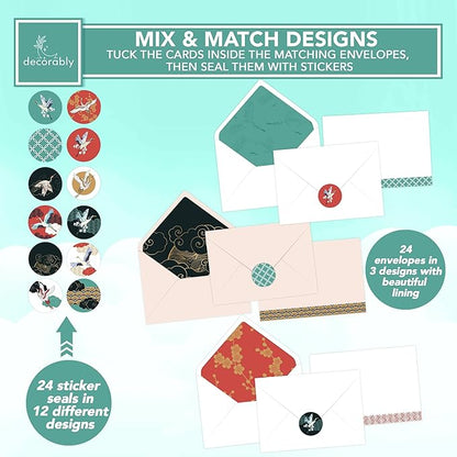 Decorably 24 Pack 4x6in Crane Note Cards with Envelopes and Stickers, 12 Adorable Designs Crane Notecards Envelopes Set, Blank Inside - Baby Shower, Kid's Party, Birthday
