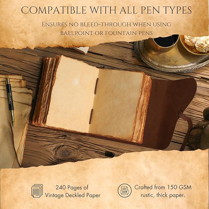 Fausta Vintage Handcrafted Leather Journal with Key for Writing, 240 Pages 7 x 5 inches, Deckled Cotton Paper Notebook/Diary for Men and Women 150 GSM Drawing/Sketchbook, Rustic Brown